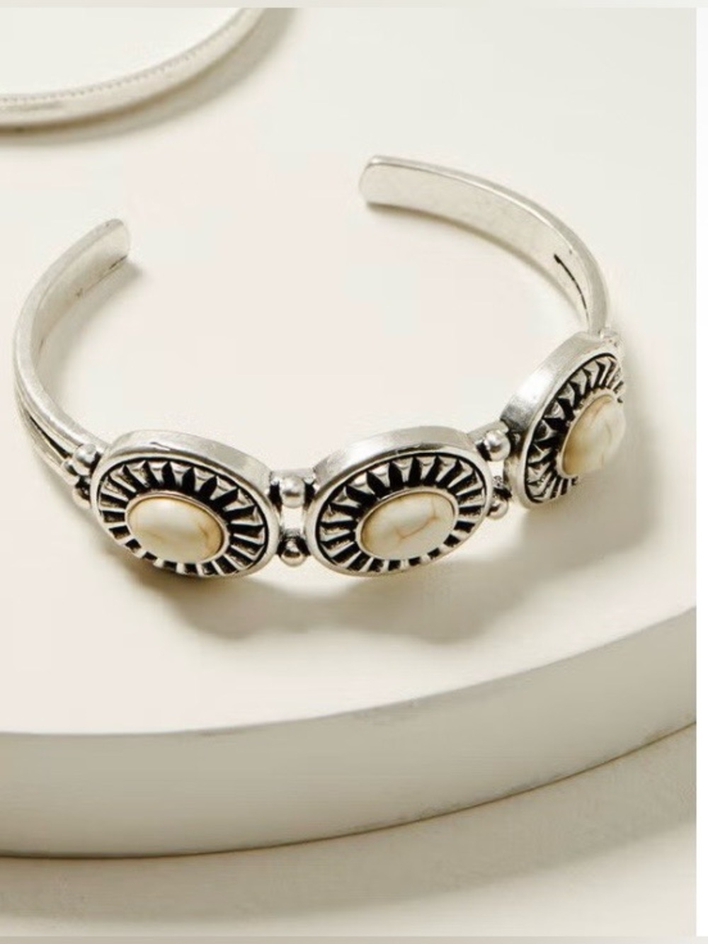 Shyanne White Genuine 3 Stone Silver Toned Metal Cuff Bracelet